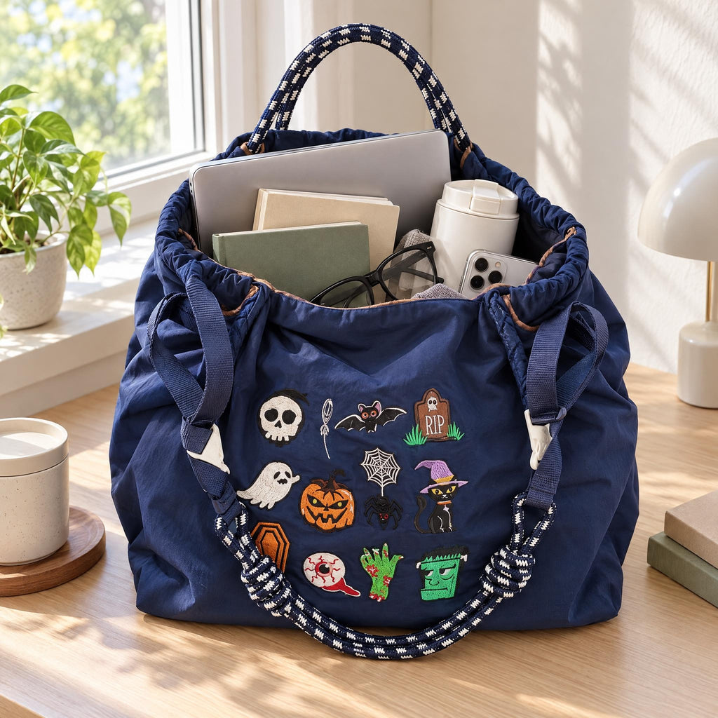 Sac Cabas Halloween "Spooky Chic" - Sac Épaule avec Patchs Brodés