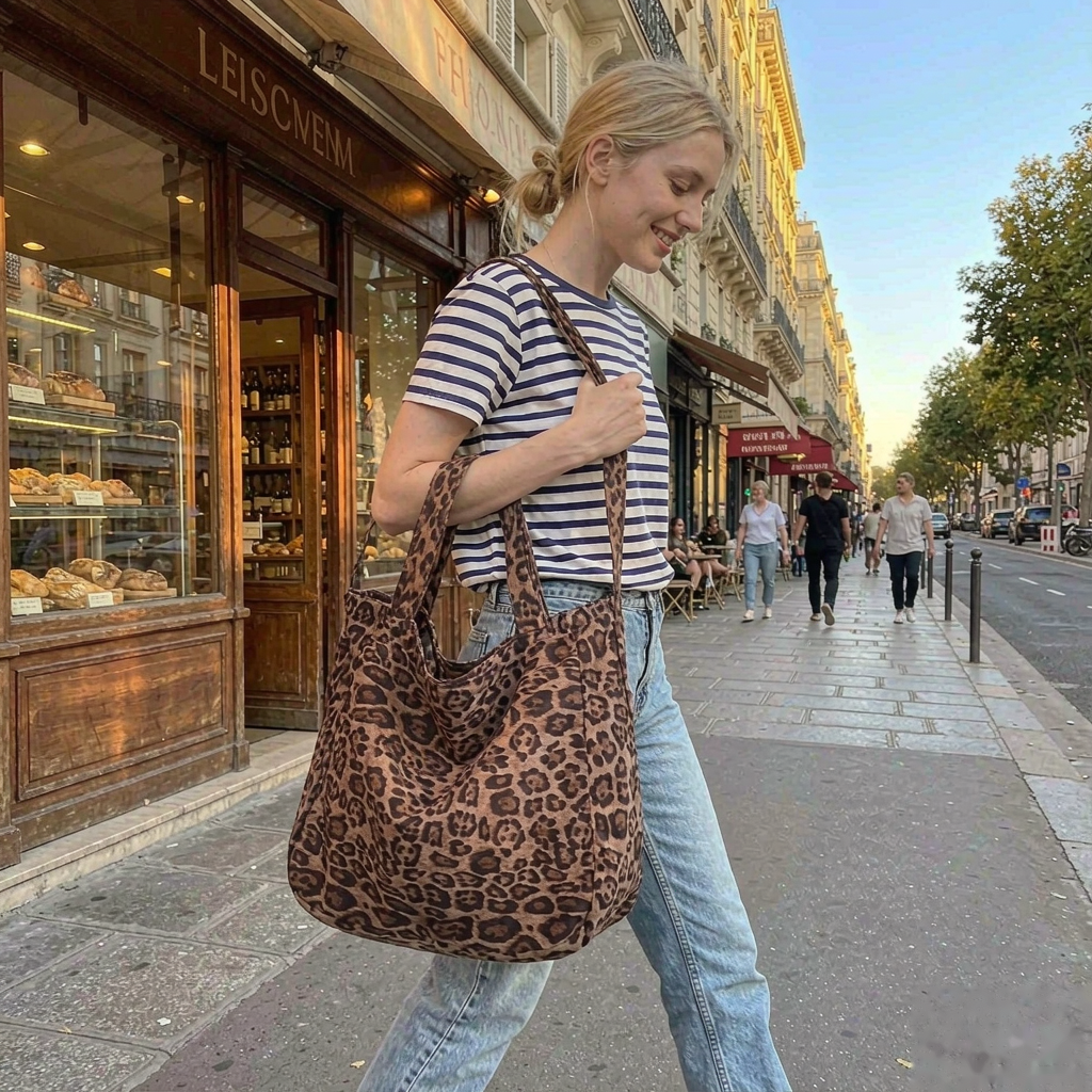 Sac Cabas Imprimé Léopard en Toile - Grand Sac Épaule & Bandoulière Style Vintage