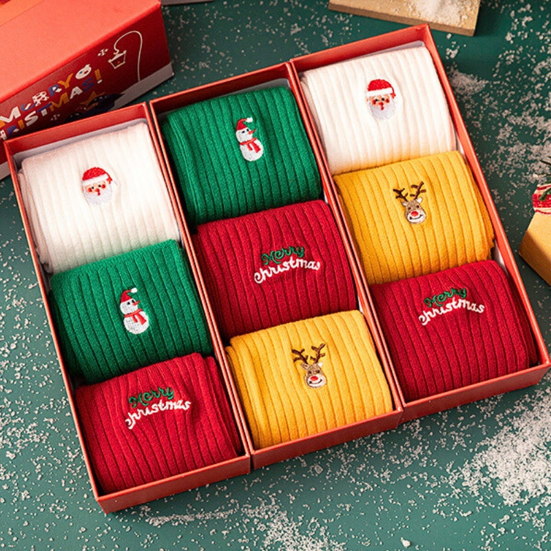 Coffret cadeau de chaussettes de Noël, Petit motif de Noël brodé, chaussettes mi-mollet automne/hiver, chaussettes en coton pur, cadeau de Noël, chaussettes longues pour couples
