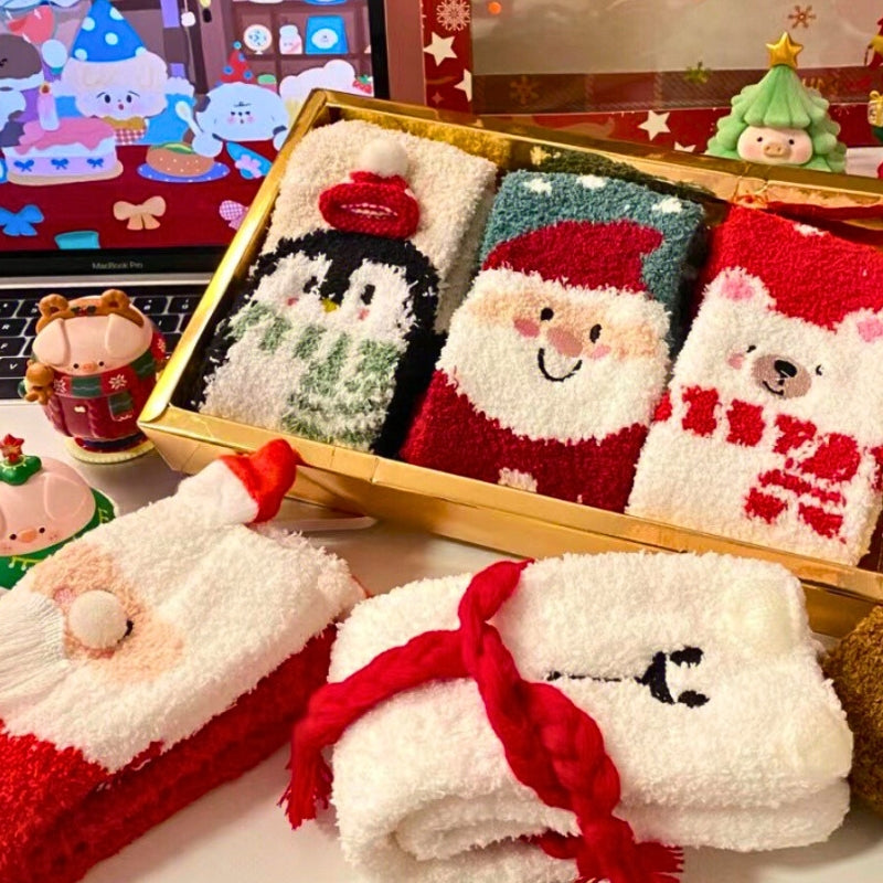 Chaussettes de Noël adorables, coffret cadeau automne/hiver, cadeau de Noël, chaussettes en corail douillettes pour couples, chaussettes de sommeil chauffantes.