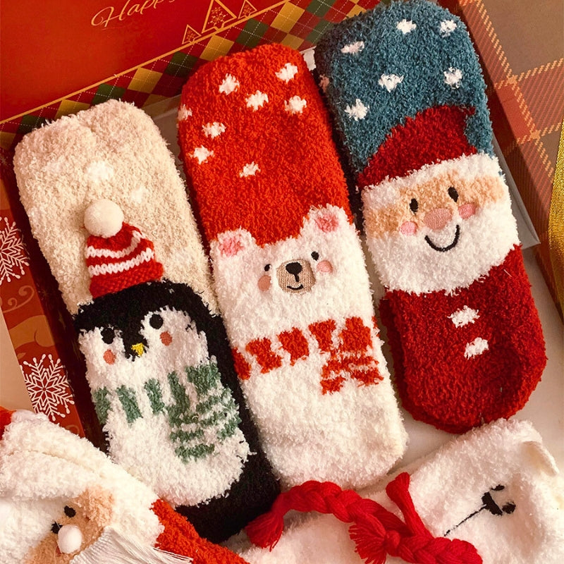 Chaussettes de Noël adorables, coffret cadeau automne/hiver, cadeau de Noël, chaussettes en corail douillettes pour couples, chaussettes de sommeil chauffantes.