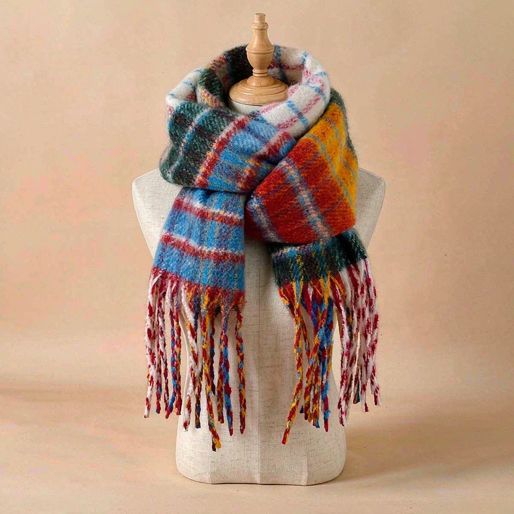 Écharpe à Carreaux Multicolores en Mohair - Douce, Chaude et Tendance