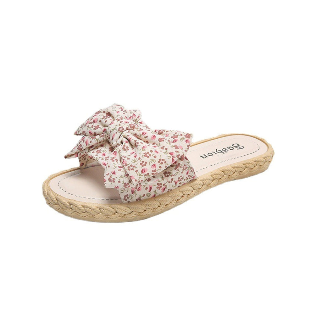 Sandales et Mules pour Femmes Bowknot Sandales Plates Femme Chaussures D'été Décontractées à Enfiler Semelle Tissée Antidérapante Pantoufles Femme Ete Confortable Mode Chaussons de Plage