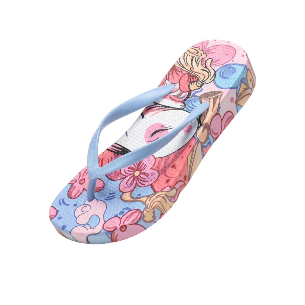 Tongs Femme à Talon Compensé 3.5cm, Sandales de Plage à Imprimé Graffiti Chic, Claquettes d’Été Antidérapantes en Caoutchouc, Mules de Vacances Confortables et Légères