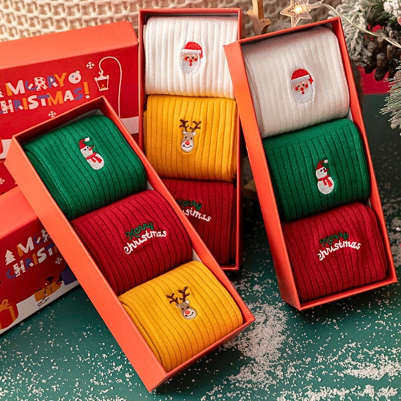 Coffret cadeau de chaussettes de Noël, Petit motif de Noël brodé, chaussettes mi-mollet automne/hiver, chaussettes en coton pur, cadeau de Noël, chaussettes longues pour couples