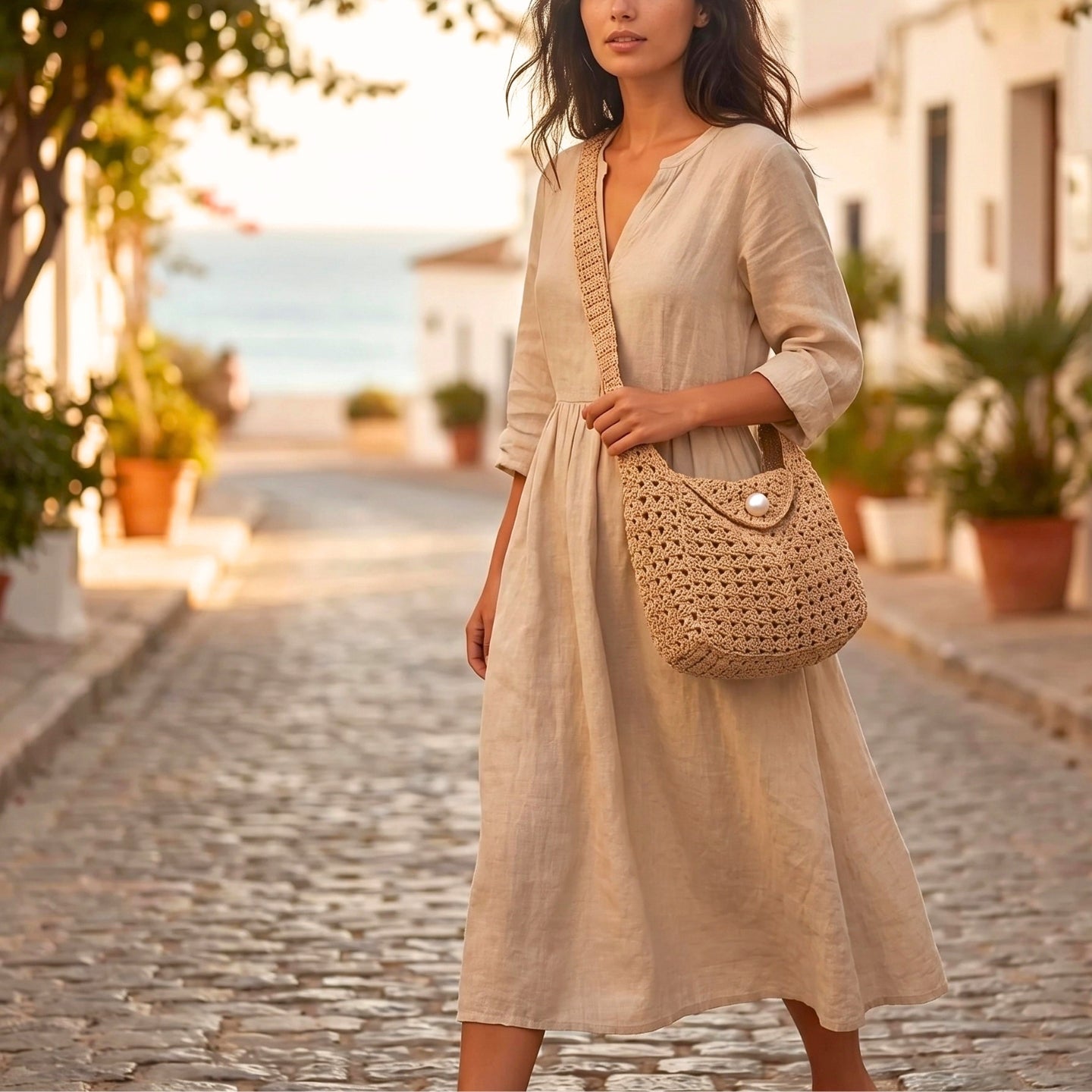 Sac D'épaule Carré En Coton Pour Femmes avec bouton en forme de perle, Et Doté D'une Bandoulière Simple
