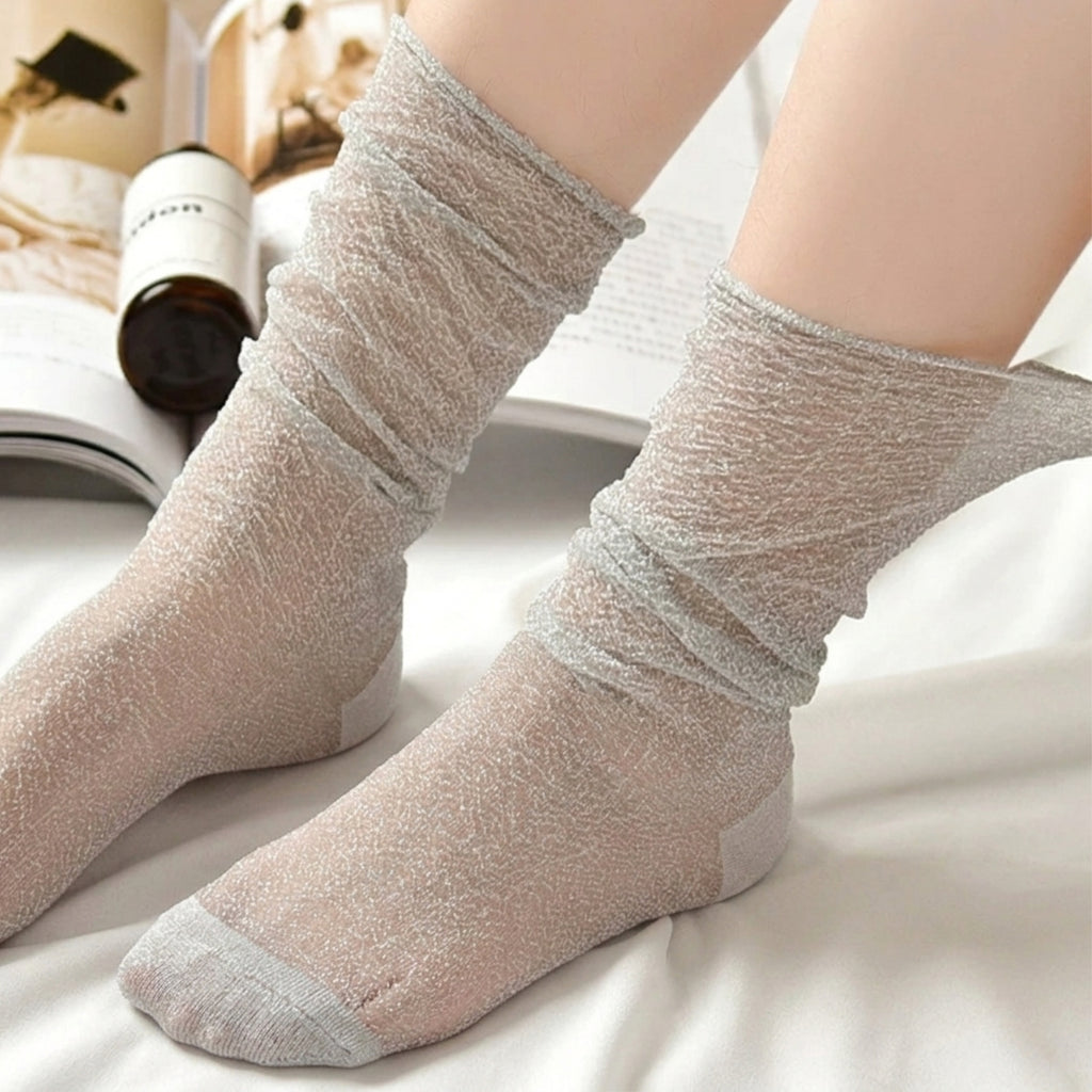 Douces chaussettes en soie de cristal brillante-Chaussettes transparentes style rétro avec perles fantaisie (Optionnelles)