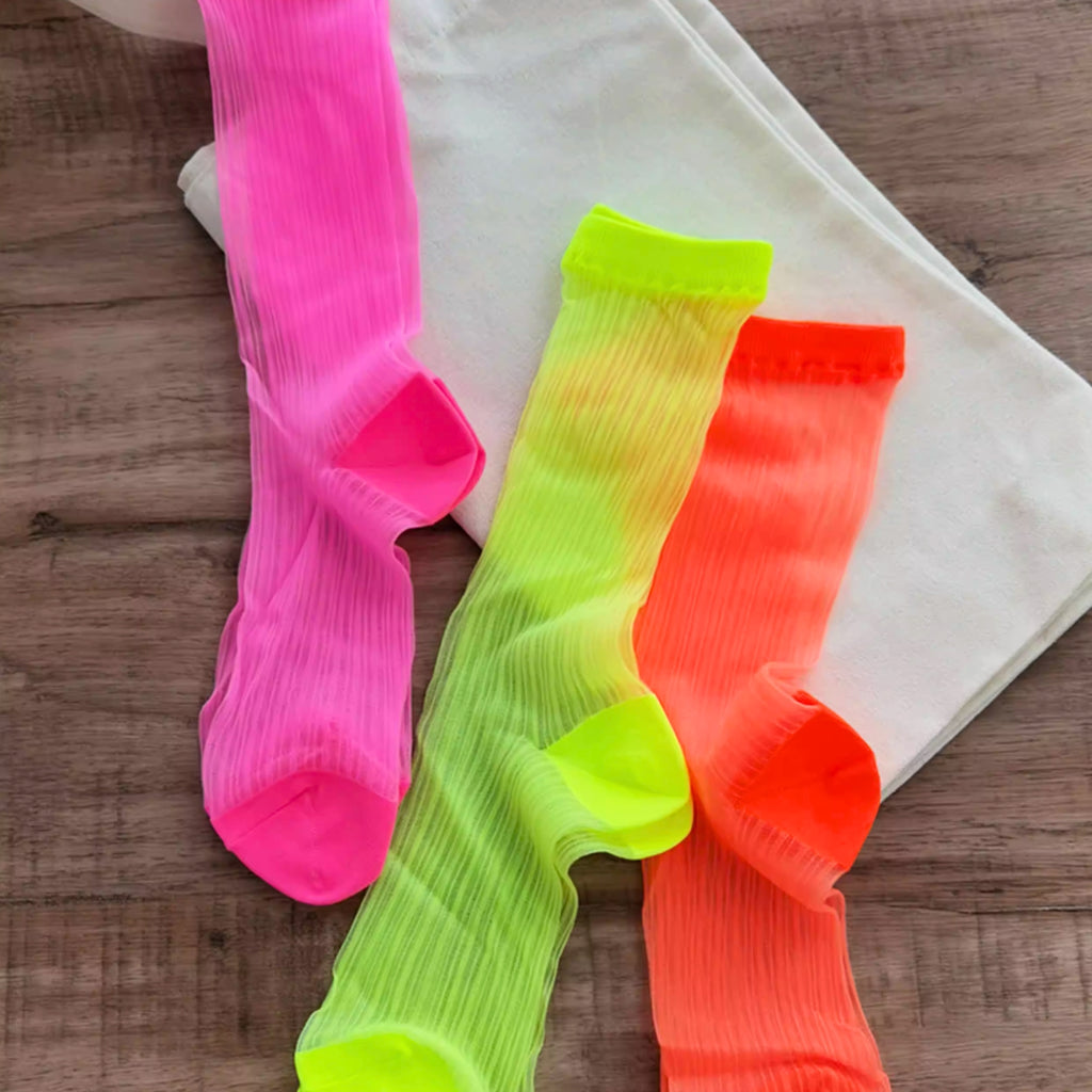 Chaussettes Mi-Hautes Fluorescentes d'Été pour Femme – Ultra-Fines, Transparentes et Respirantes – Couleurs Bonbon Néon Style Tendue – Accessoire de Mode Été