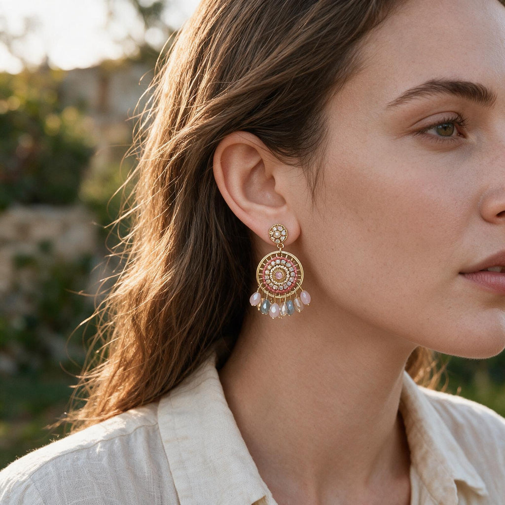 Boucles d’oreilles pendantes Mandala – Rose & Bleu