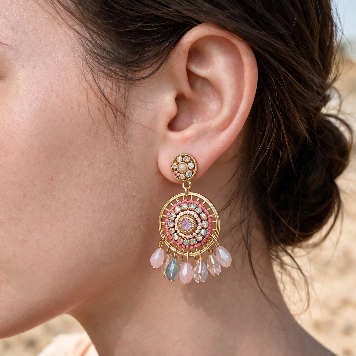 Boucles d’oreilles pendantes Mandala – Rose & Bleu