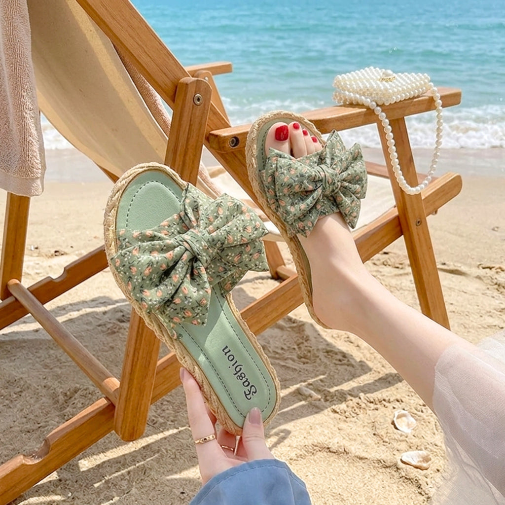 Sandales et Mules pour Femmes Bowknot Sandales Plates Femme Chaussures D'été Décontractées à Enfiler Semelle Tissée Antidérapante Pantoufles Femme Ete Confortable Mode Chaussons de Plage