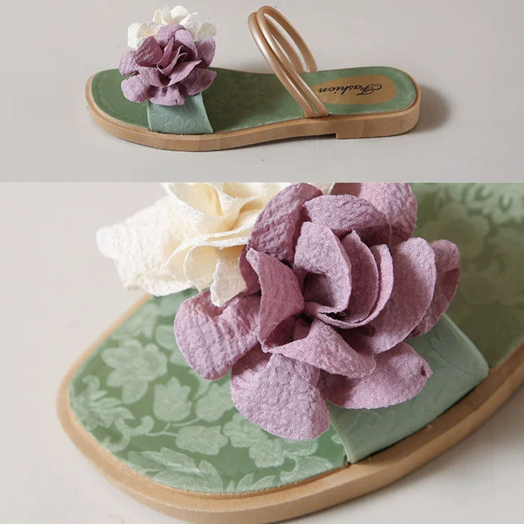 Sandales Élégants Décorés de Fleurs, Sandales à enfilerm Chaussons pour femme - Nouvelle Tendance Été Mules Confortables et Résistantes à l'Usure, Polyvalentes pour l'Extérieur et la Maison, Légères à Fond Plat
