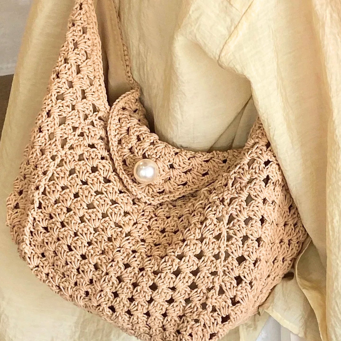 Sac D'épaule Carré En Coton Pour Femmes avec bouton en forme de perle, Et Doté D'une Bandoulière Simple