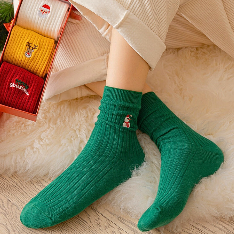 Coffret cadeau de chaussettes de Noël, Petit motif de Noël brodé, chaussettes mi-mollet automne/hiver, chaussettes en coton pur, cadeau de Noël, chaussettes longues pour couples