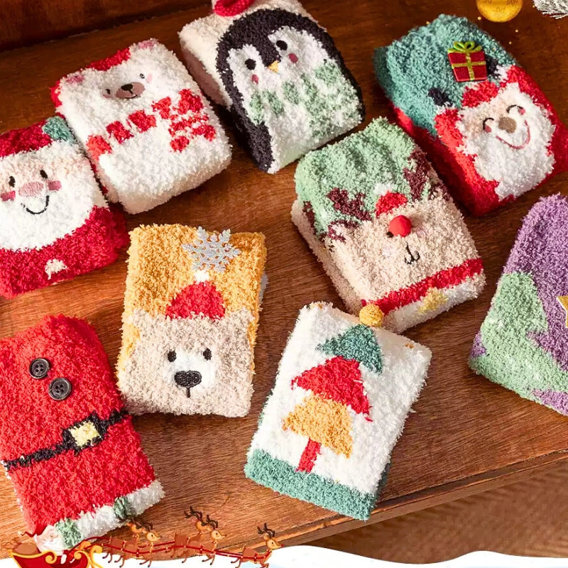 Chaussettes de Noël adorables, coffret cadeau automne/hiver, cadeau de Noël, chaussettes en corail douillettes pour couples, chaussettes de sommeil chauffantes.