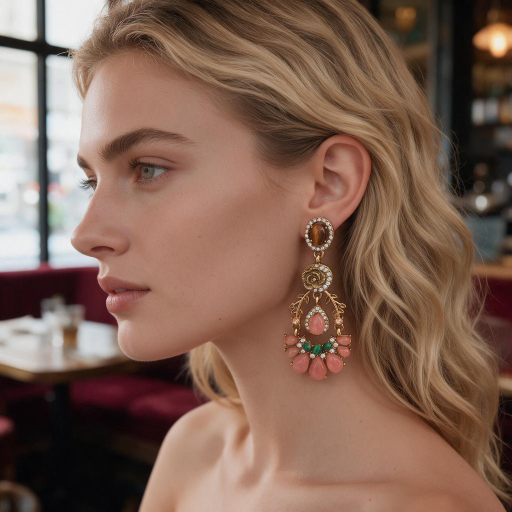 Boucles d'Oreilles Pendantes Chandelier Vintage « Élégance Bohème » – Pierre Oeil de Tigre, Résine Rose & Cristaux