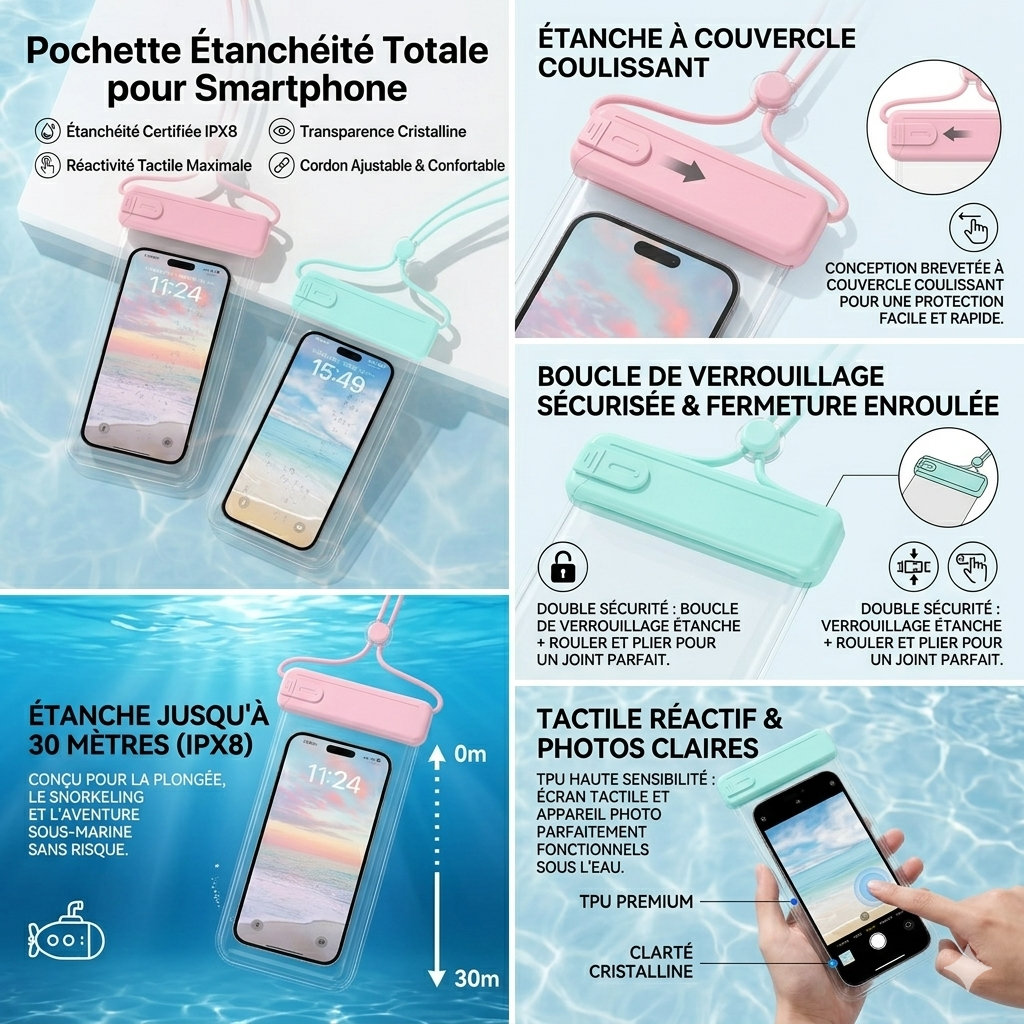Pochette Étanche Téléphone Jusqu’à 7,2” – Tactile & Plongée 30 m - Protégez votre téléphone du sable, de l’eau et des chutes