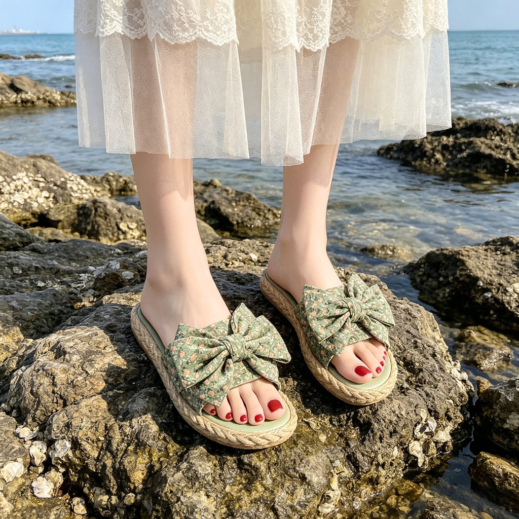 Sandales et Mules pour Femmes Bowknot Sandales Plates Femme Chaussures D'été Décontractées à Enfiler Semelle Tissée Antidérapante Pantoufles Femme Ete Confortable Mode Chaussons de Plage