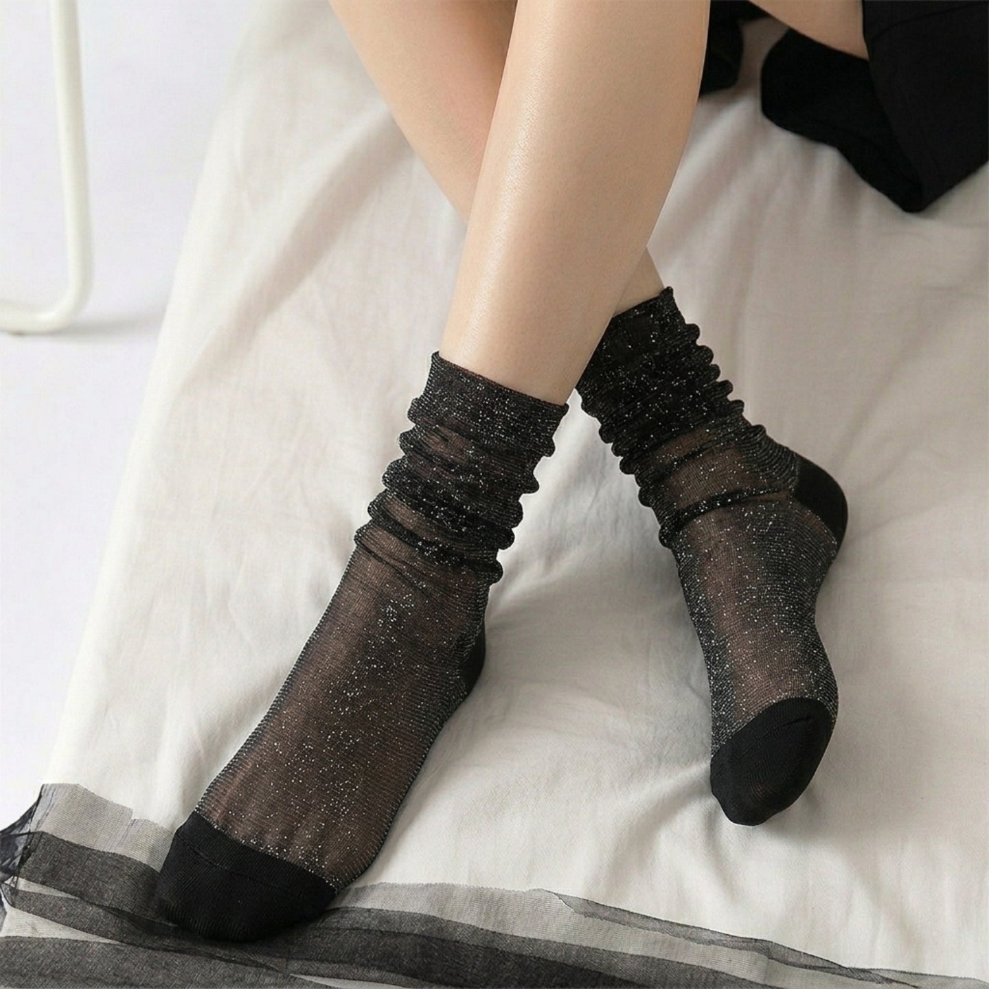 Douces chaussettes en soie de cristal brillante-Chaussettes transparentes style rétro avec perles fantaisie (Optionnelles)