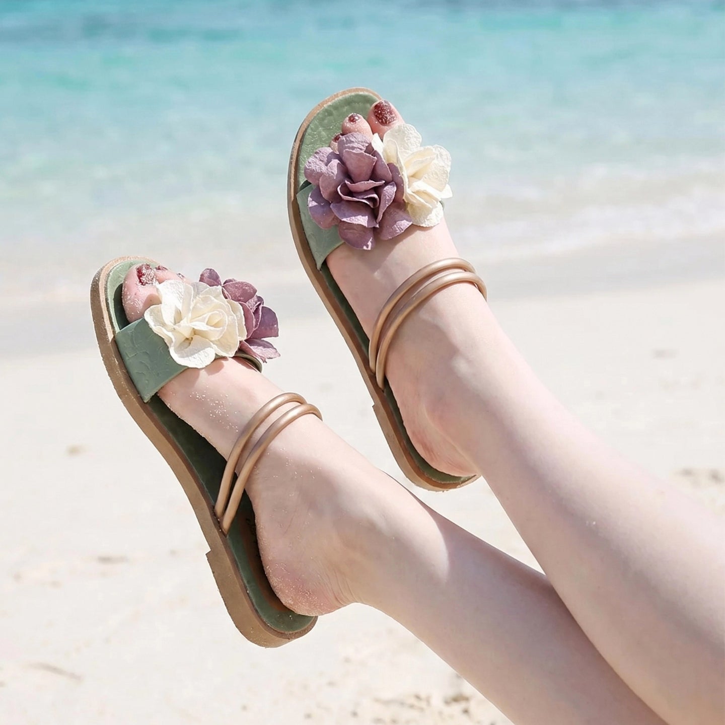 Sandales Élégants Décorés de Fleurs, Sandales à enfilerm Chaussons pour femme - Nouvelle Tendance Été Mules Confortables et Résistantes à l'Usure, Polyvalentes pour l'Extérieur et la Maison, Légères à Fond Plat