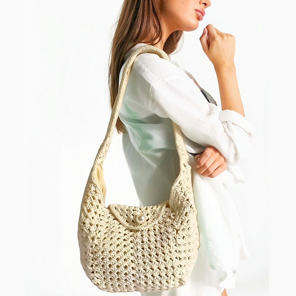 Sac D'épaule Carré En Coton Pour Femmes avec bouton en forme de perle, Et Doté D'une Bandoulière Simple