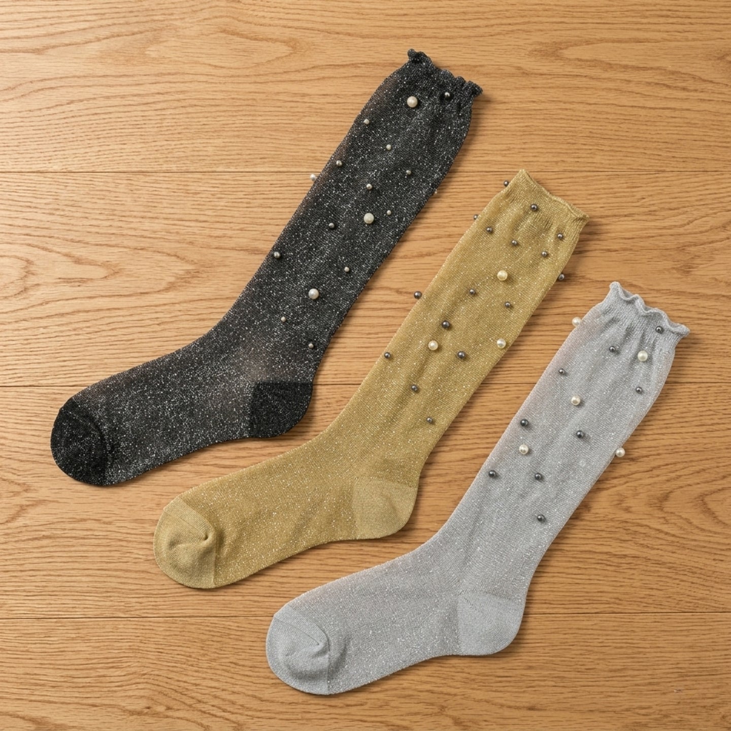 Douces chaussettes en soie de cristal brillante-Chaussettes transparentes style rétro avec perles fantaisie (Optionnelles)