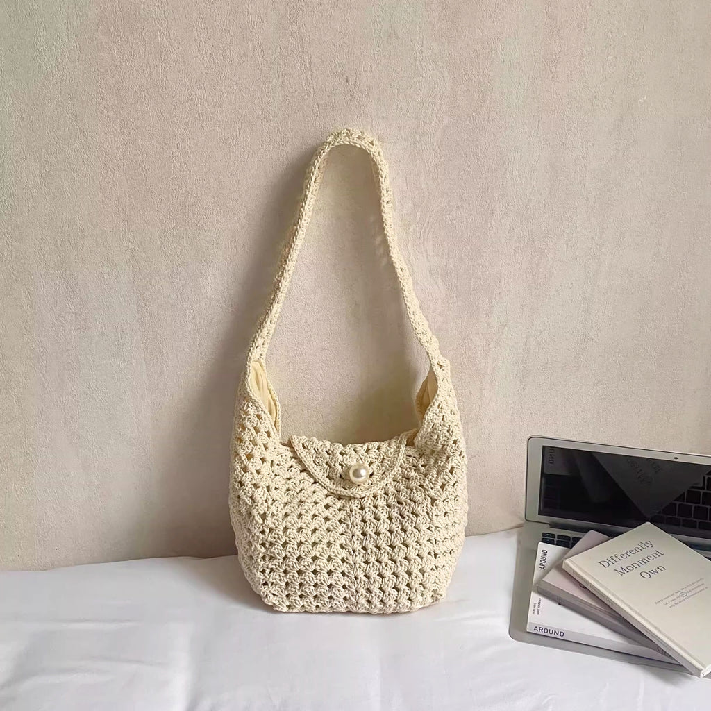 Sac D'épaule Carré En Coton Pour Femmes avec bouton en forme de perle, Et Doté D'une Bandoulière Simple