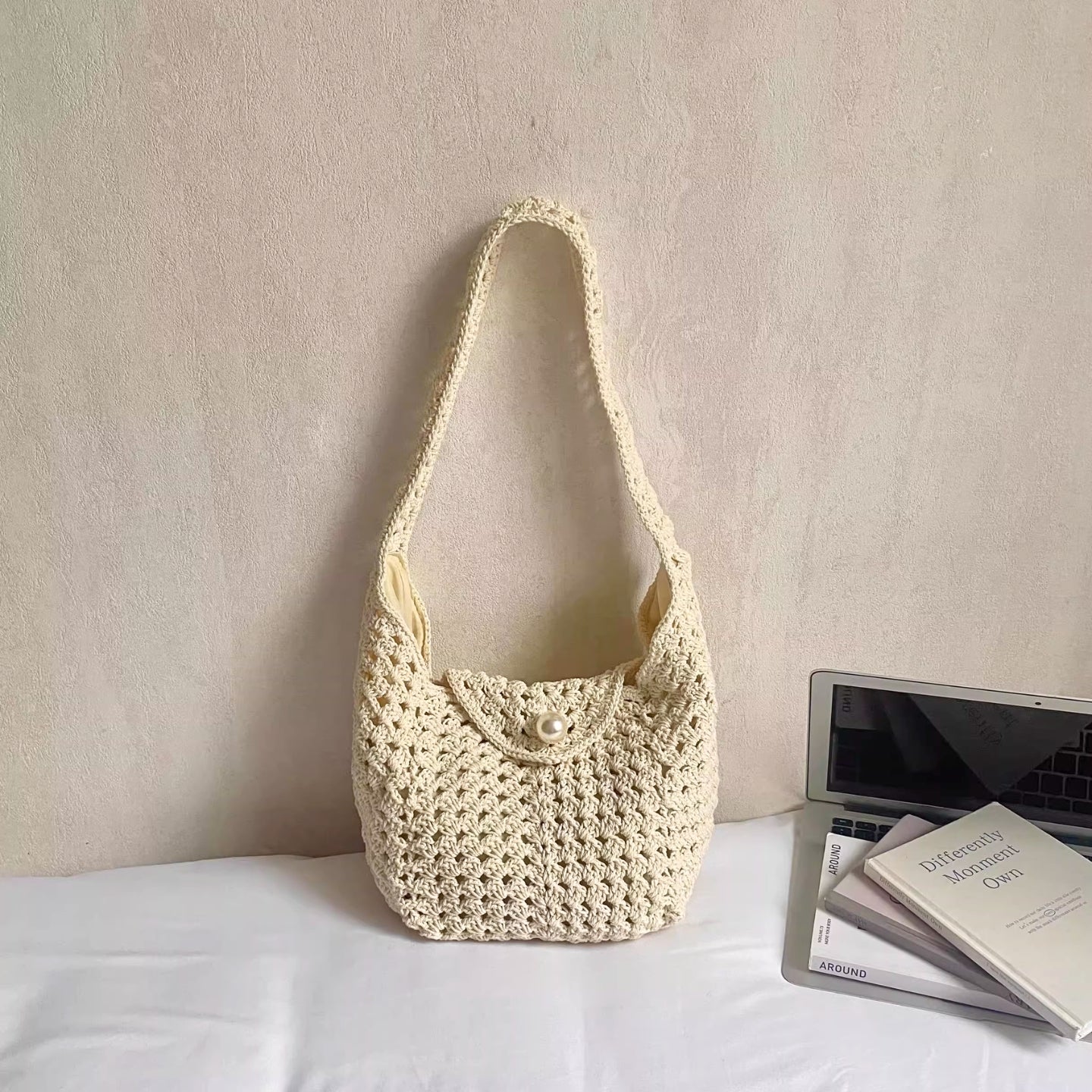 Sac D'épaule Carré En Coton Pour Femmes avec bouton en forme de perle, Et Doté D'une Bandoulière Simple