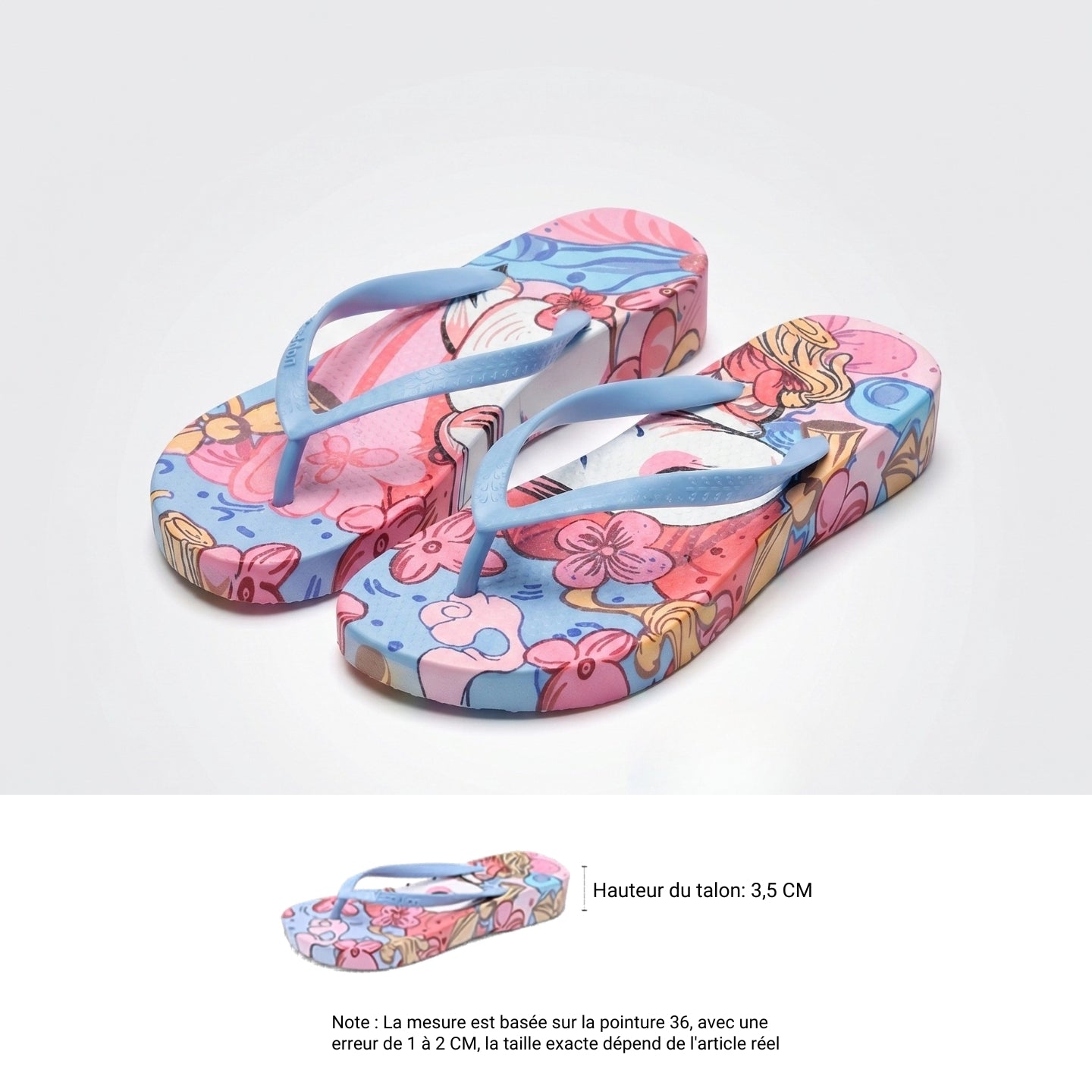 Tongs Femme à Talon Compensé 3.5cm, Sandales de Plage à Imprimé Graffiti Chic, Claquettes d’Été Antidérapantes en Caoutchouc, Mules de Vacances Confortables et Légères