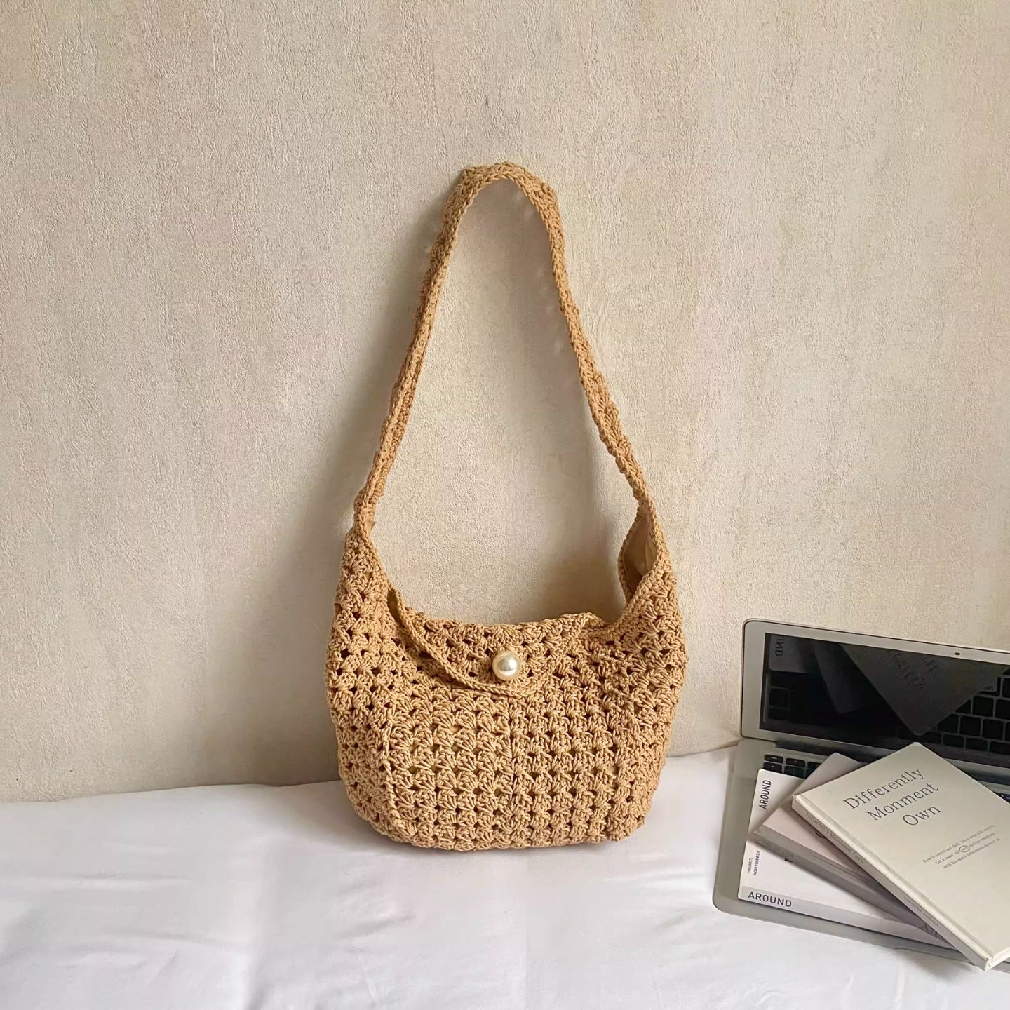 Sac D'épaule Carré En Coton Pour Femmes avec bouton en forme de perle, Et Doté D'une Bandoulière Simple