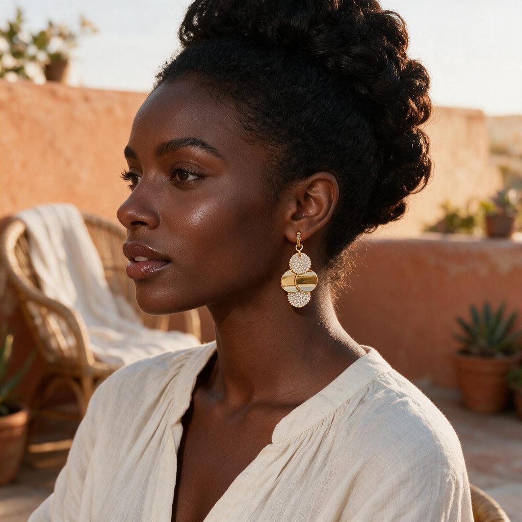 Boucles d'Oreilles Pendantes « Cascade Dorée » – Disques Polis & Pavé de Cristaux Scintillants