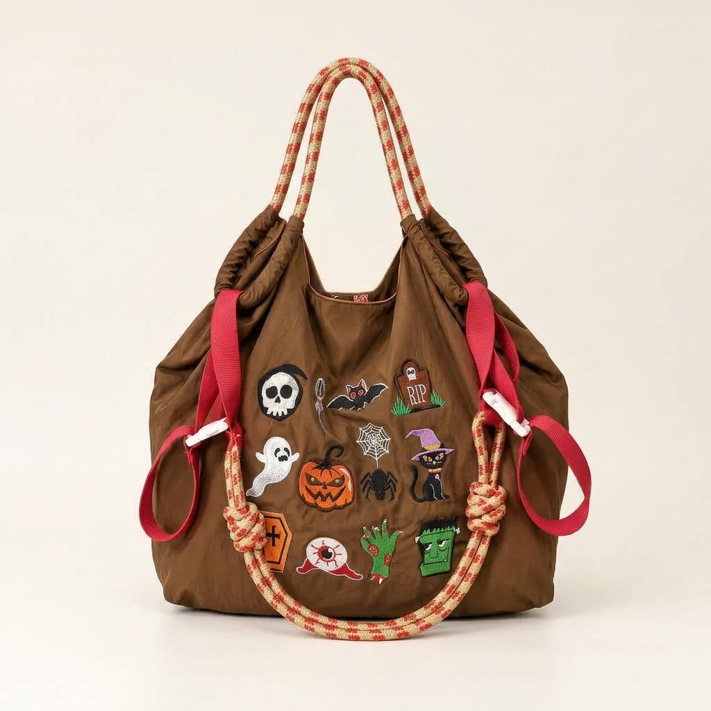Sac Cabas Halloween "Spooky Chic" - Sac Épaule avec Patchs Brodés