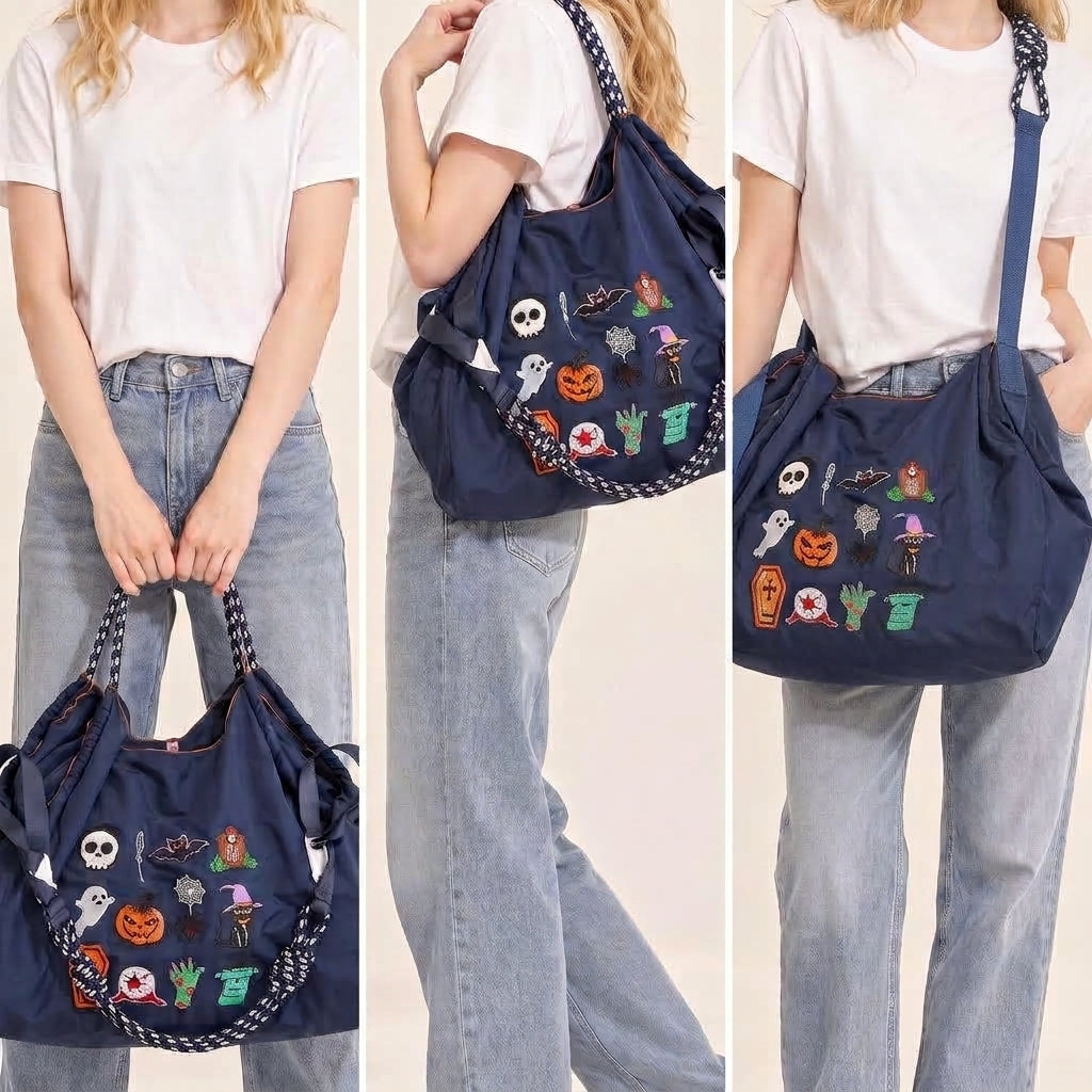 Sac Cabas Halloween "Spooky Chic" - Sac Épaule avec Patchs Brodés