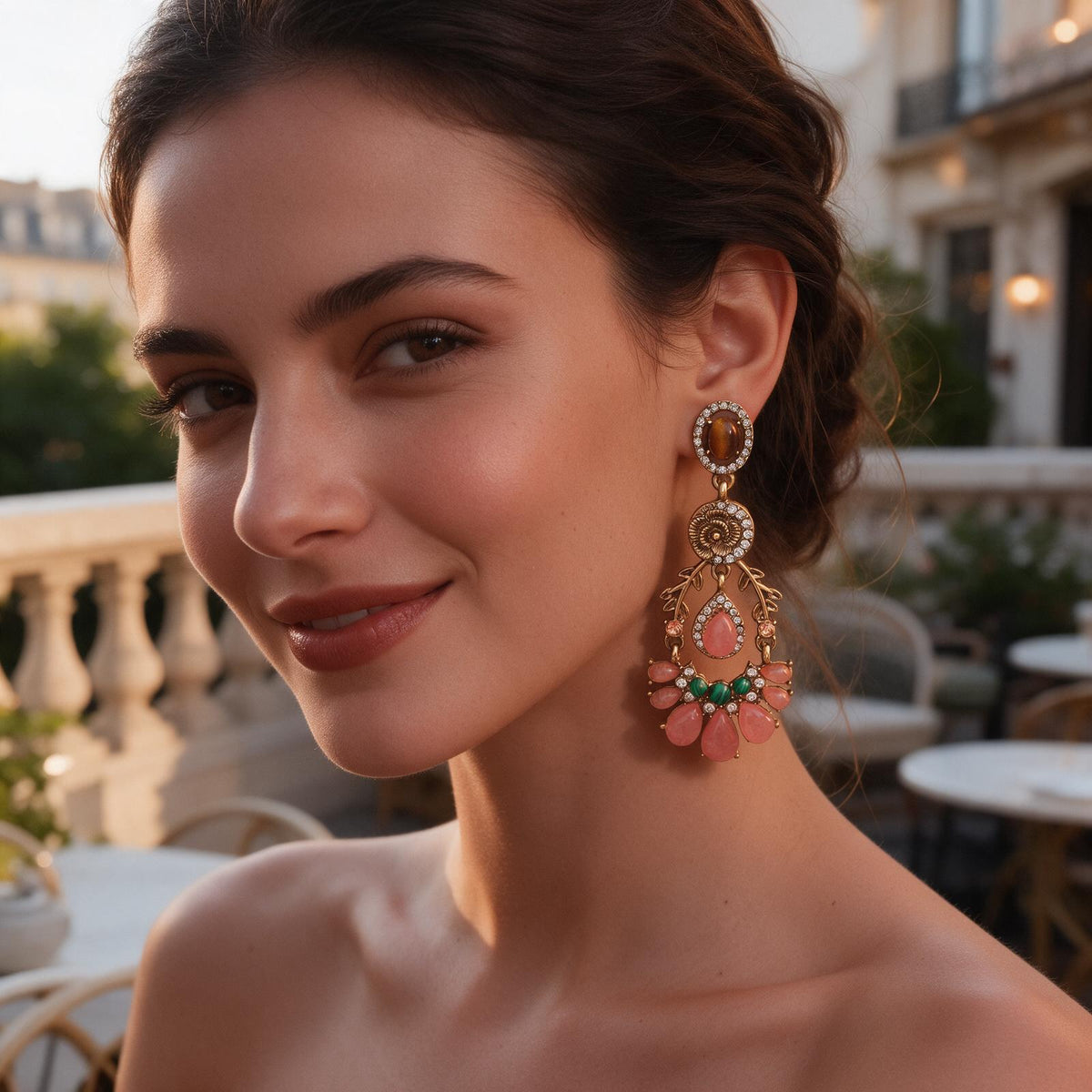 Boucles d'Oreilles Pendantes Chandelier Vintage « Élégance Bohème » – Pierre Oeil de Tigre, Résine Rose & Cristaux