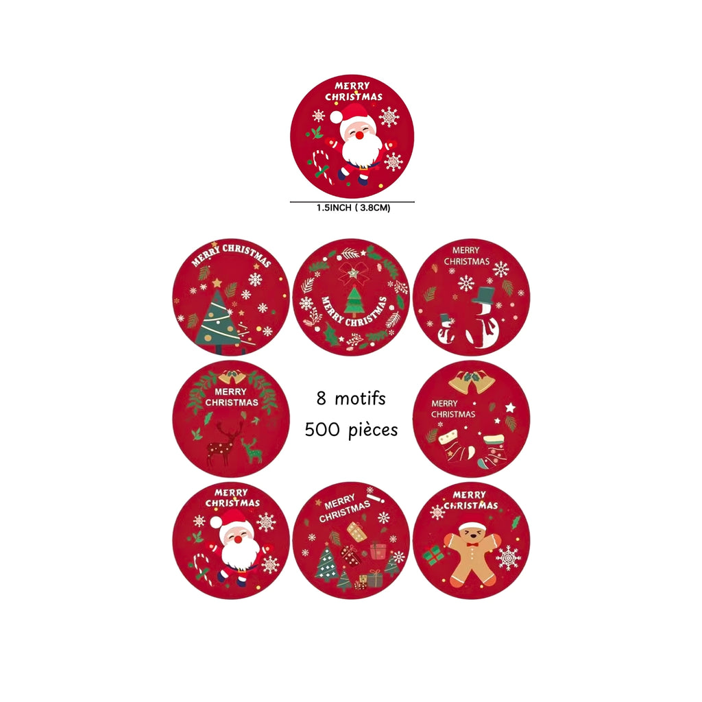 500pcs Autocollantes Noël en 8 motifs, 1 Rouleau d'étiquettes fabriqués à partir de papier couché de haute qualité