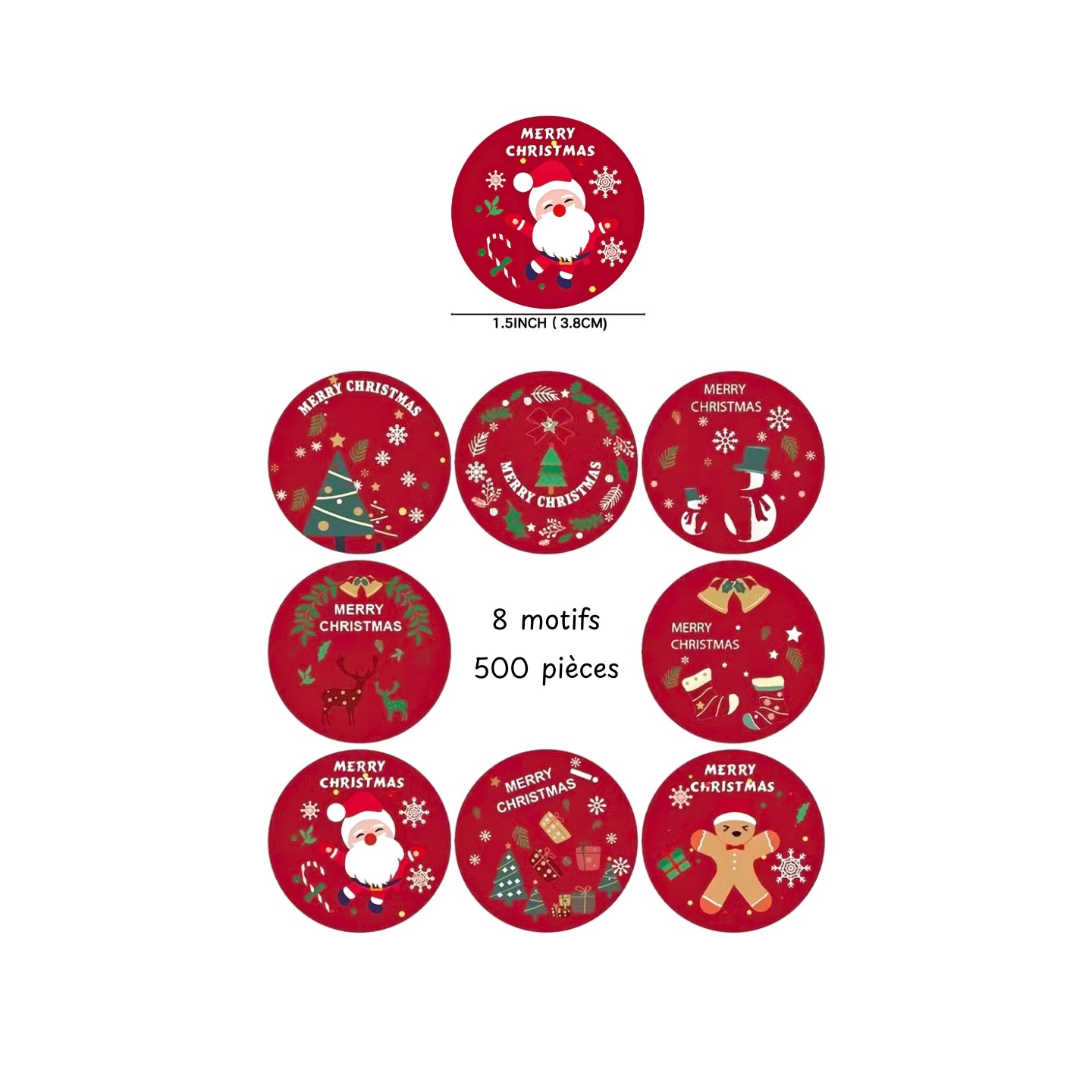500pcs Autocollantes Noël en 8 motifs, 1 Rouleau d'étiquettes fabriqués à partir de papier couché de haute qualité