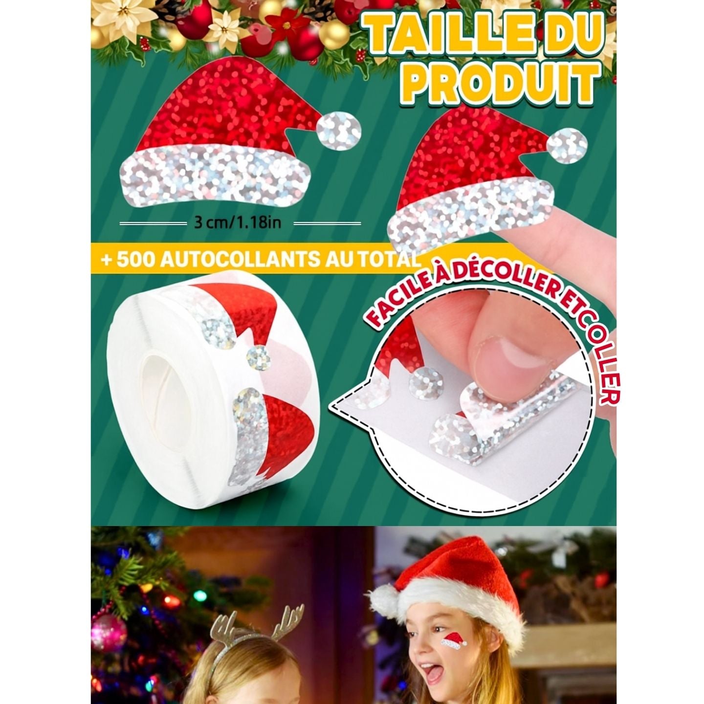500pcs Autocollants Chapeau Père Noël, Autocollants Chapeau de Noël Pailleté Rouleau Autocollant Auto-adhésif pour Enveloppes Cartes Cadeaux Décorations