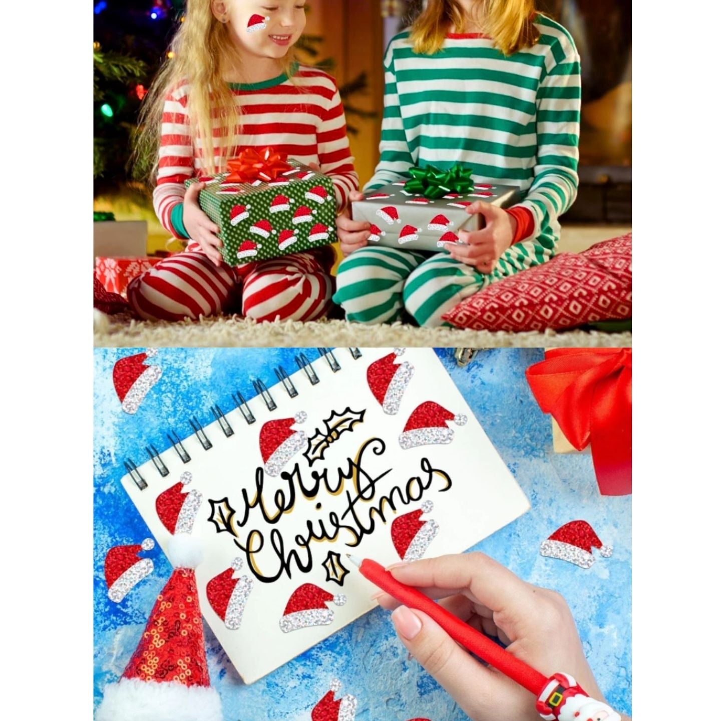 500pcs Autocollants Chapeau Père Noël, Autocollants Chapeau de Noël Pailleté Rouleau Autocollant Auto-adhésif pour Enveloppes Cartes Cadeaux Décorations