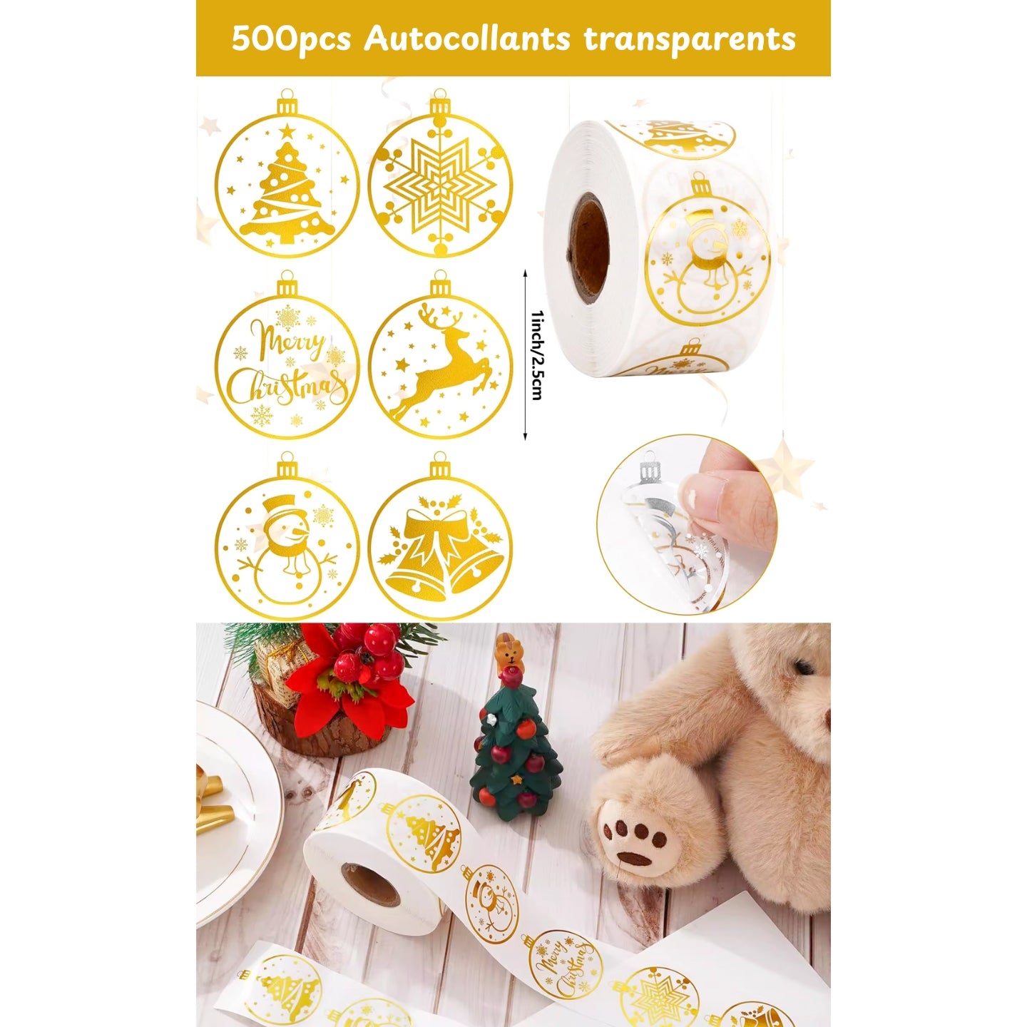 500pcs Autocollants transparents dorés de Noël – 500 pièces par rouleau, étiquettes adhésives festives pour emballages et cadeaux