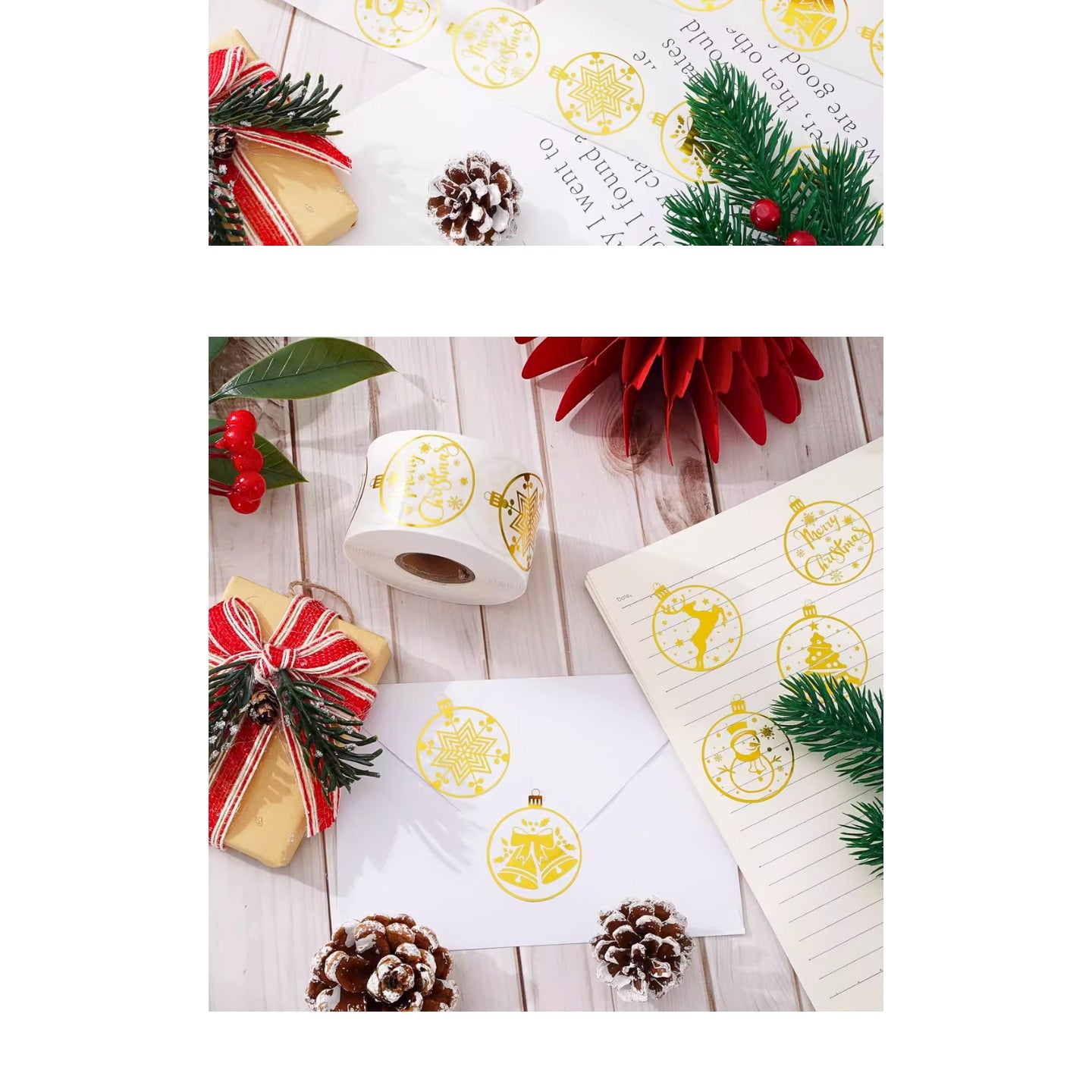 500pcs Autocollants transparents dorés de Noël – 500 pièces par rouleau, étiquettes adhésives festives pour emballages et cadeaux