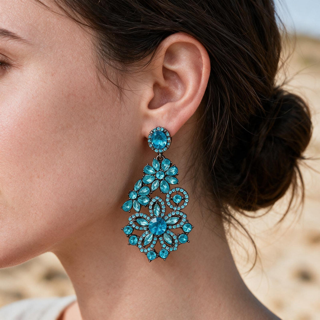 Boucles d’oreilles pendantes florales – Bleu Azur