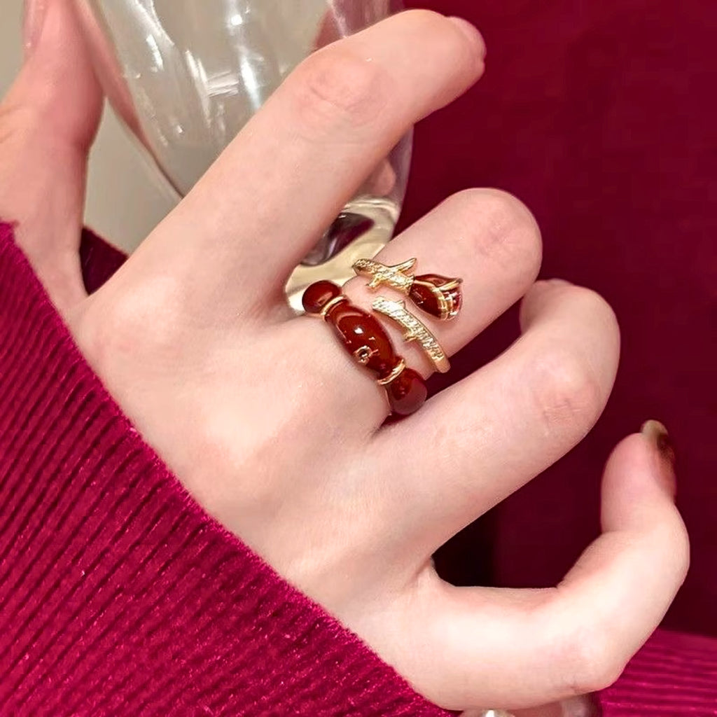 Bagues ouvertes à roses rouges émaillées, en alliage de cuivre doré – porter seule ou en accumulation, Style rétro élégant, idéale pour Noël et le Nouvel An