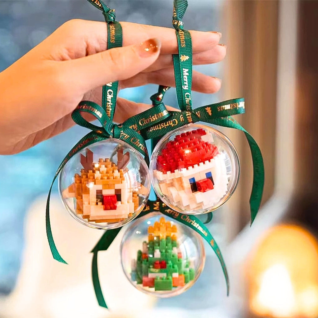 🧩Mini blocs de construction, avec Boules de Noël transparentes décoratives - Père Noël, renne, bonhomme de neige, sapin de Noël, DIY suspendues pour sapin de Noël