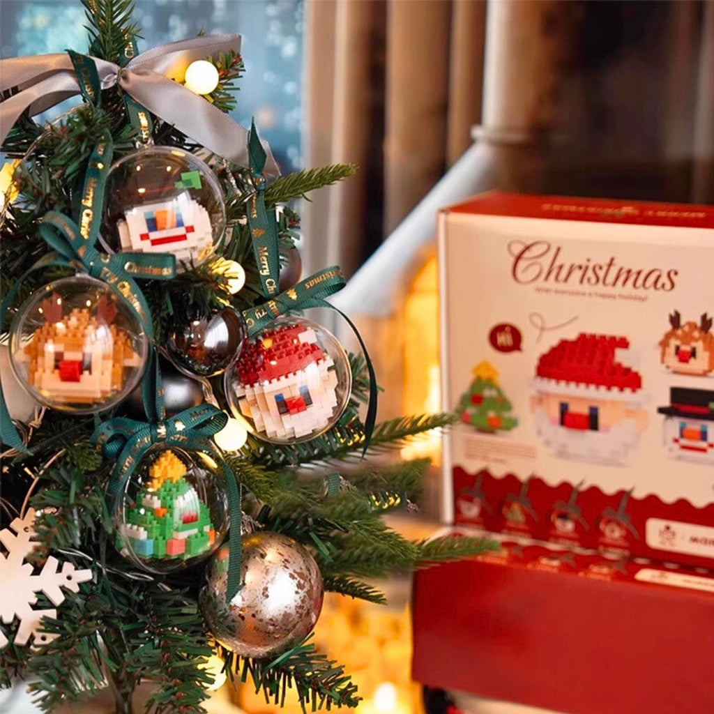 🧩Mini blocs de construction, avec Boules de Noël transparentes décoratives - Père Noël, renne, bonhomme de neige, sapin de Noël, DIY suspendues pour sapin de Noël