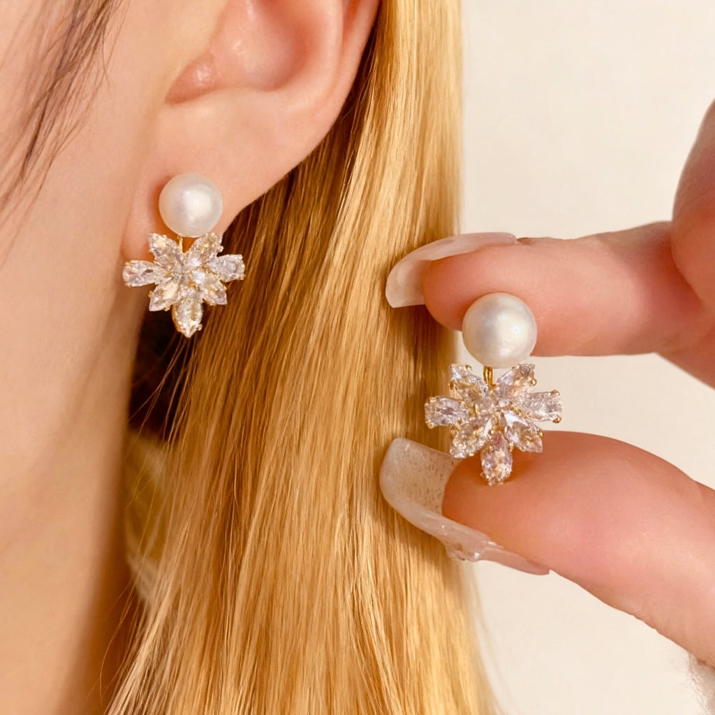 Boucles d'oreilles Perle en argent S925 — flocon de neige en zircon Cuivre, style raffiné et luxueux