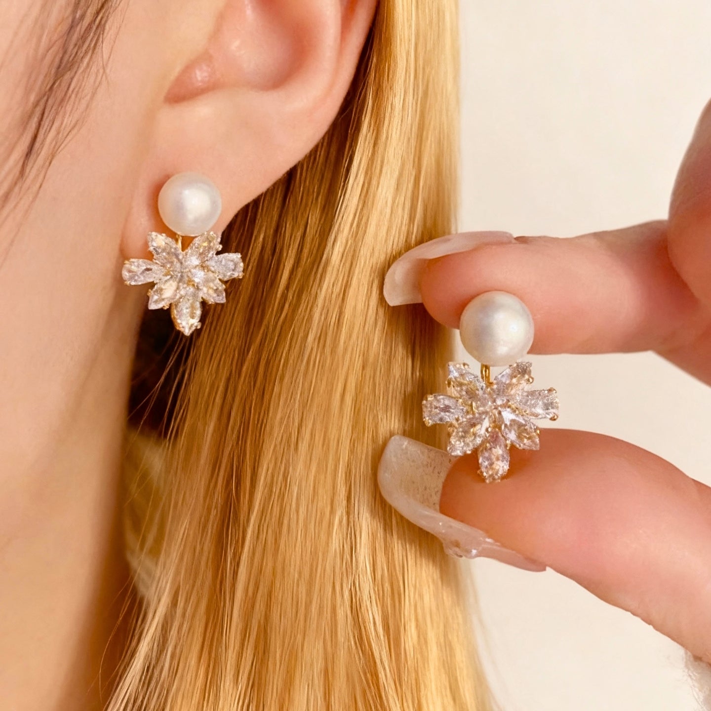 Boucles d'oreilles Perle en argent S925 — flocon de neige en zircon Cuivre, style raffiné et luxueux