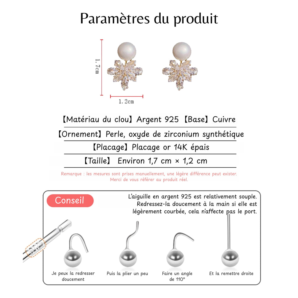 Boucles d'oreilles Perle en argent S925 — flocon de neige en zircon Cuivre, style raffiné et luxueux