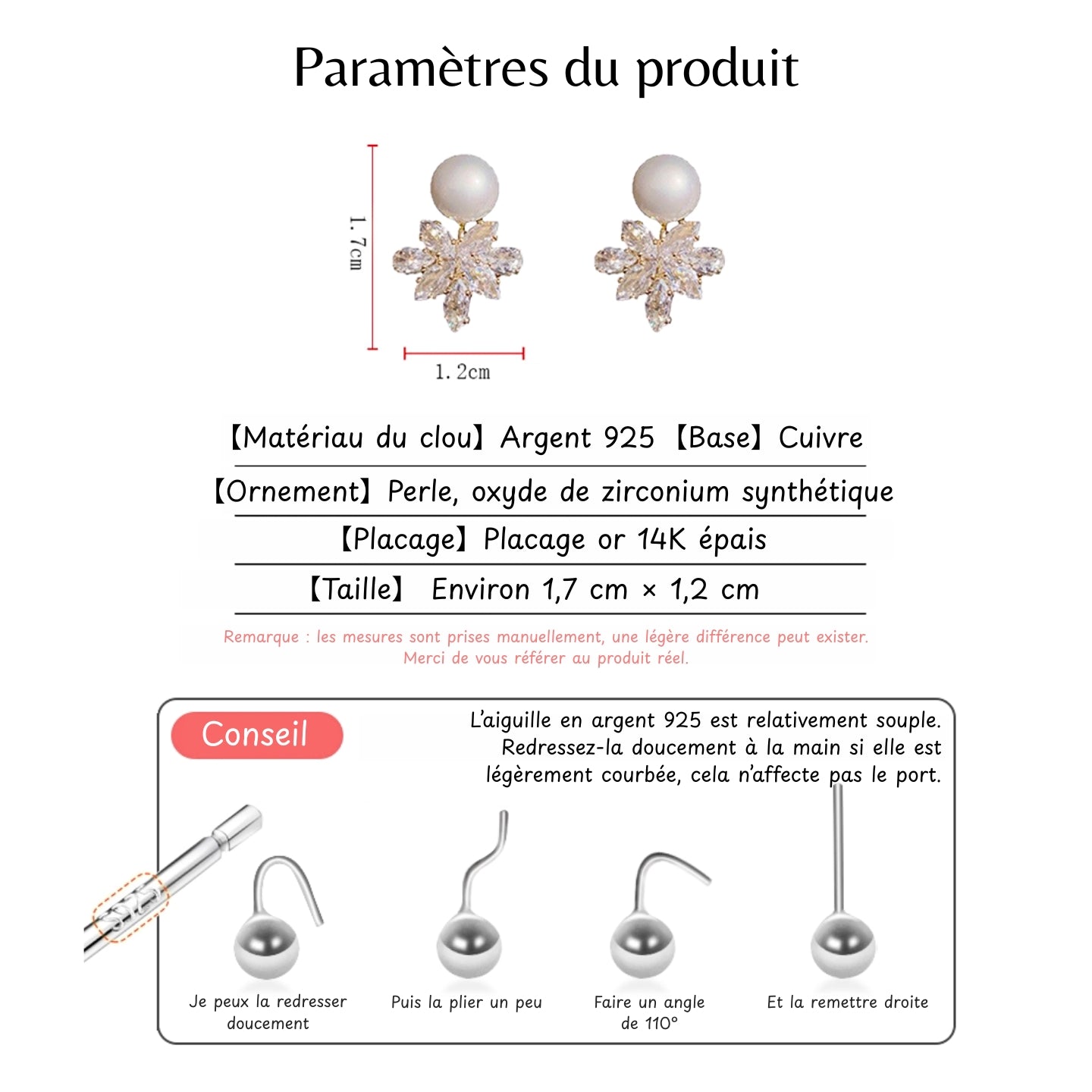 Boucles d'oreilles Perle en argent S925 — flocon de neige en zircon Cuivre, style raffiné et luxueux