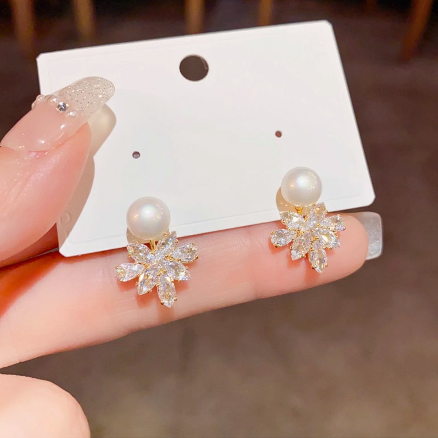 Boucles d'oreilles Perle en argent S925 — flocon de neige en zircon Cuivre, style raffiné et luxueux