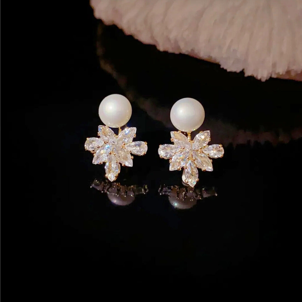 Boucles d'oreilles Perle en argent S925 — flocon de neige en zircon Cuivre, style raffiné et luxueux